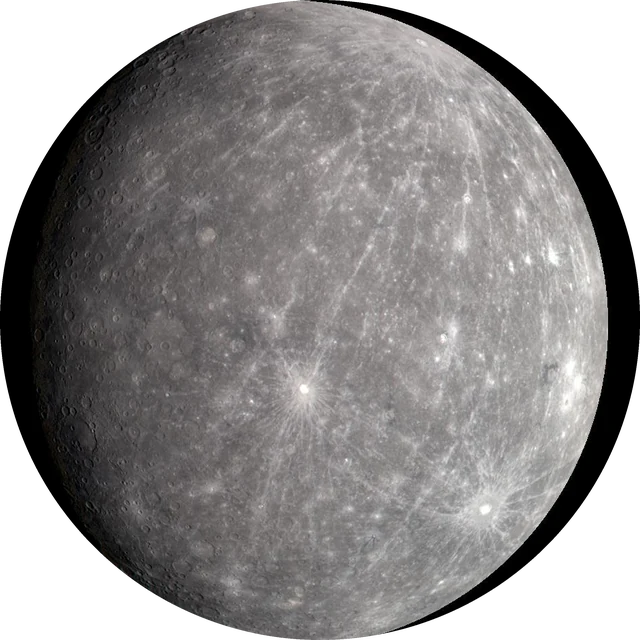 Mercúrio em cor real, com superfície acinzentada coberta de crateras, fotografado pela sonda MESSENGER