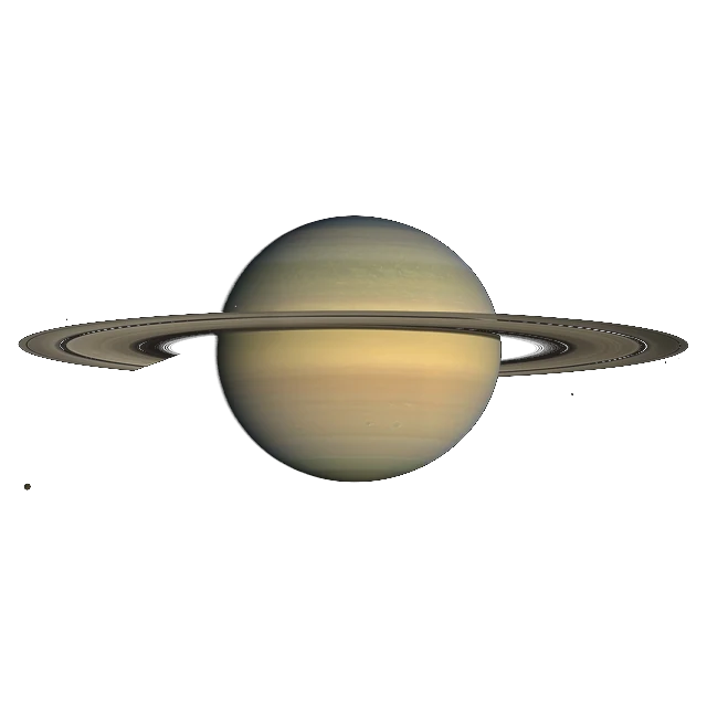 Saturno com o sistema de anéis visto quase de perfil, projetando sombra sobre o planeta